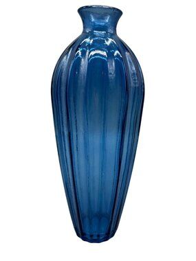 Blue Ribbed Glass Vase cobalt clear solid blue 11x1.5"